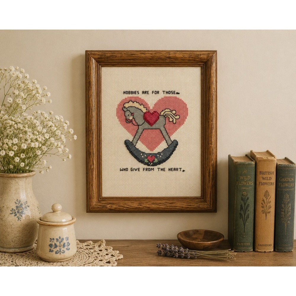 Vintage Framed Cross Stitch Rocking Horse Hobby Quote Wall Art Handmade 9x7